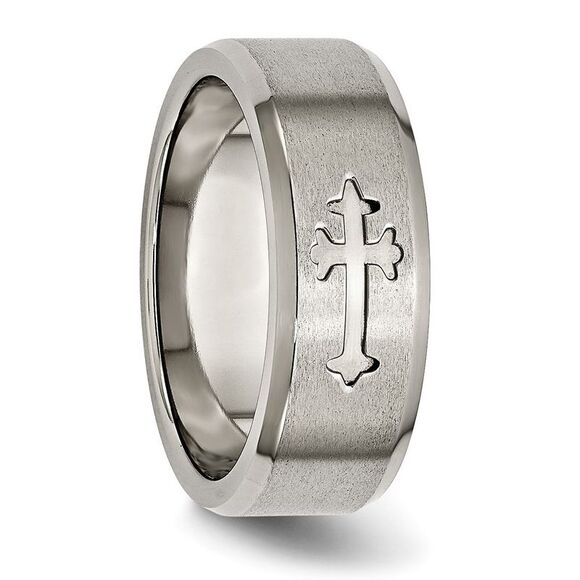 Kazi Luxury Chisel Titanium Brushed Center Cross Design 8mm Beveled Edge Band - Picture 5 of 9